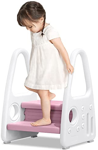 YRHome Kinder Tritthocker Trittschemel 2 stufiger Lernturm Kinderschemel Kleinkind Trittstufe Tritthocker Schemel Stehender aus Kunststoff Sicherheit Pyramiden-Struktur Küche Kinderzimmer Bad, Rosa