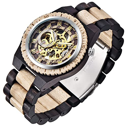 Tiong Herren Holz Mechanische Uhren Skelett Römische Ziffern Automatikaufzug Holzuhr Leichtgewicht für Männer Armbanduhr