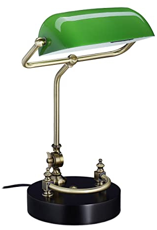 Relaxdays Lampe de banquier, abat-jour en verre inclinable, pied en bois, bureau, E27, rétro, bibliothèque, vert-noir