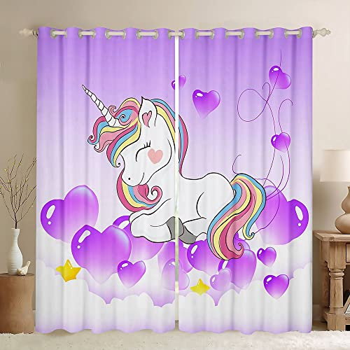 Tende da finestra con unicorno, per camera da letto, soggiorno, con cuore sognante, viola, per bambini, ragazzi, ragazzi, ragazzi, arcobaleno, magici, animali, fantasia, unicorno, per finestre, W52 x