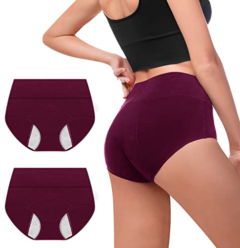 Walifrey Period Pants, Menstrual Underwear for Women, Cotton Knickers Multipack with Leakproof Crotch for Heavy Flow Extra Protection 2pack M Wine Red