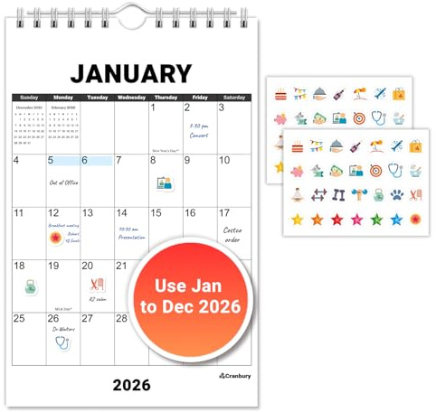 CRANBURY 2026 Small Wall Calendar 5.5x8.5, Mini Desk or Wall Calendar, Jan–Dec 2026, Notes Notepad on Back, Includes Stickers, Monthly Planner for Home, School, or Office