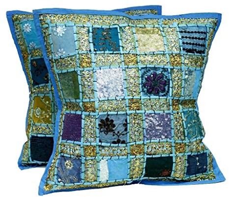 PUSHPACRAFTS Juego de 2 fundas de cojín cuadradas de algodón para decoración del hogar, diseño vintage indio, turquesa y azul claro, con bordado y retazos, 41 x 41 cm