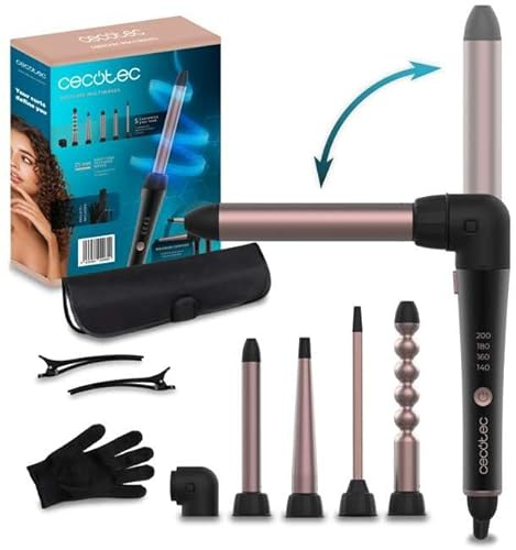 Cecotec Fer a Boucler SurfCare MultiWaves. 5 Têtes Iinterchangeables Céramiques, Température 140-200°C, Gant Thermique, Etui, Pinces, Résultats Brillants Et Durables, Confort Ergonomique