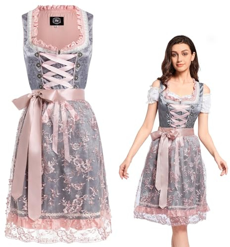 VKI Vestido Mujer Midi Dirndl con Delantal Encaje, Traje Bávaro Traje Mujer Oktoberfest