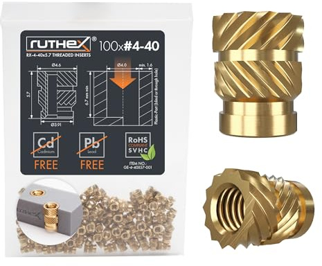 ruthex Gewindeeinsatz #4-40 UNC - 100 Stk. RX-4-40x5.7 BLEIFREIE Gewindebuchse aus Messing - stabile Einschmelzgewinde/Einpressmutter - Einschmelzen von Gewindehülse in 3D-Druck-Teile aus Kunststoff
