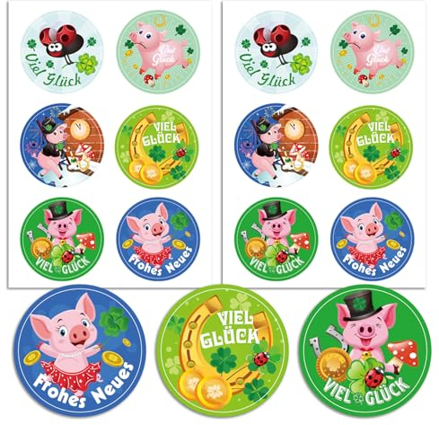 HOWAF 72 Aufkleber Glücksbringer Silvester 2026, Viel Glück Kleeblatt Glücksbringer Geschenketiketten Glücksschwein Silvester Aufkleber für Geschenk Neujahrsdeko New Year's Eve 2026 Gift, A