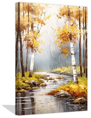 ZXHYWYM Herbstlandschaft auf Leinwand Bilder weiße Birken Natur See Wald Ölgemälde Drucke Herbstkunstwerk Heimdekoration Gerahmt (Bild-1, (50.00 x 75.00 cms))