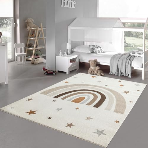 Teppich-Traum Kinderteppich Regenbogen Sterne Creme Weich 120x170 cm | Kuschelig weich, pflegeleicht, robust, rutschfest, schadstofffrei und OEKO-TEX geprüft, für Kinderzimmer & Leseecke
