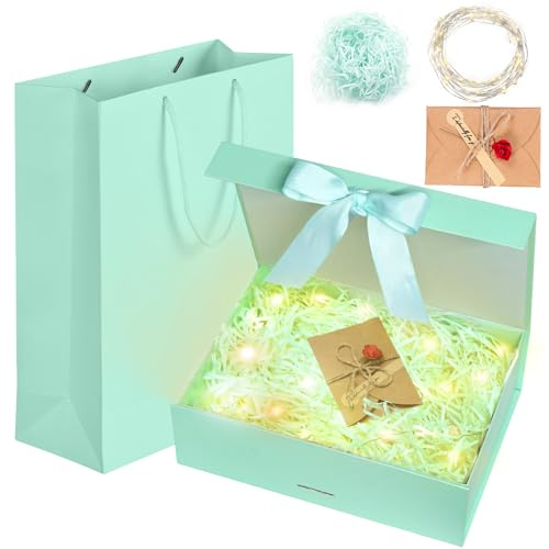 Idota Geschenkbox mit Deckel, Geschenkschachtel Schwarz, Geschenkkarton mit Schleife, Tasche, Farbband, Licht, Raffia, Grußkarten,Geschenkboxen für Hochzeit Geburtstag Weihnachten Jubiläum (Grün M)