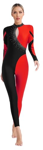 CHICTRY Gymnastikanzug Damen Ganzkörper Langarm Tanzanzug Strass Glitzer Tanzbody Farbblock Patchwork Trikot Leotard Mit Cut Out Dancewear Rot M