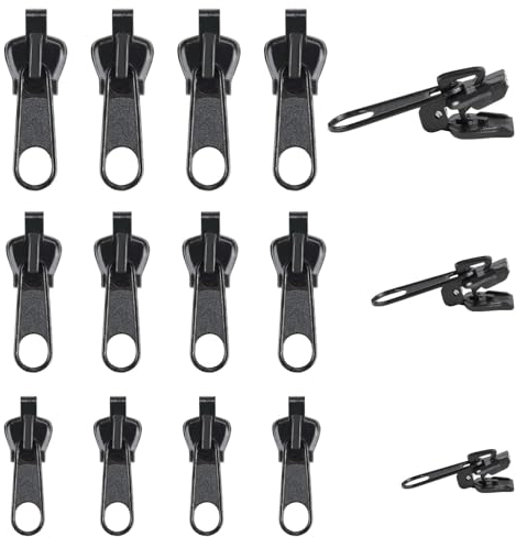 12er Pack ReißVerschluss Reparaturset in Drei Größen - Universal Reissverschluss Schieber Ersatz Zipper für Jacken, Koffer & Rucksäcke, Langlebige & Abnehmbare Reißverschlusszieher, Schwarz