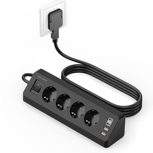 4 Fach Ecksteckdose Flachstecker mit USB C(PD 20W), SUDEERY 8 in 1 Steckdosenleiste 4 USB Mehrfachstecker mit Schalter, Steckdosenleiste Überspannungsschutz mit 2M Kabel für Küche (Schwarz)