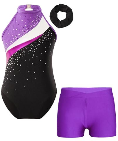 Yruioon Mädchen Turnanzug Glitzer Ärmellos Gymnastik Leotard mit kurze Hose Haarband Kinder Gymnastikanzug Turnen Trikot Tanzkostüm Aa Lila 134-140