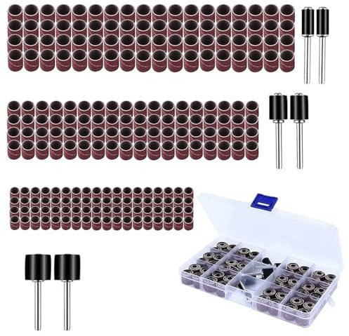 WEDAMOO Set di 222 manicotti per levigatrice a tamburo, tra cui 216 manicotti abrasivi per unghie (grana 80/120) e 6 mandrini a tamburo in gomma, per smerigliatura di utensili rotanti Dremel