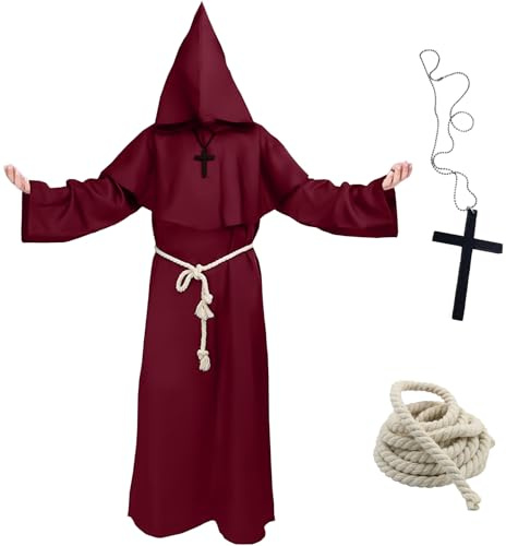 yumcute Costume da Monaco, Abito da Monaco Adulto, Costumi da Prete Halloween, Frate Medieval Rinascimentale Mantello con Cappuccio, con Collana a Croce & Corda in Vita, per feste Cosplay Carnevale