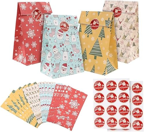 24 julpåsar små presentpåsar med förseglingsklistermärken med platt botten julpapperspåsar presentpåsar små flerpack julgodispåsar