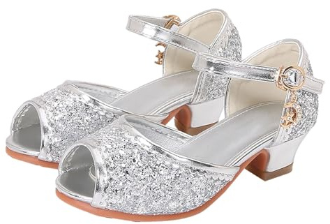 Girls Dress Shoes Mary Jane Wedding Party Shoes Glitter Bridesmaids Princess High Heels Sandals Sequin Glitter Princess Sandals Dress Crystal High Shoes for Girls (Silver, 29)