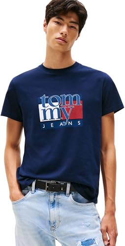 Tommy Jeans Camiseta de Manga Corta Hombre Slim Flag tee con Cuello Redondo, Azul (Dark Night Navy), XL