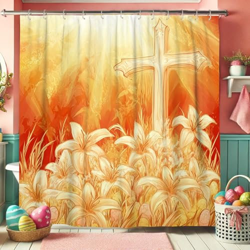 Rideau de douche à motif floral de Pâques, motif lys orange vif pour décoration de salle de bain printanière, rideau imperméable de style rustique chrétien moderne avec crochets 183 x 198 cm