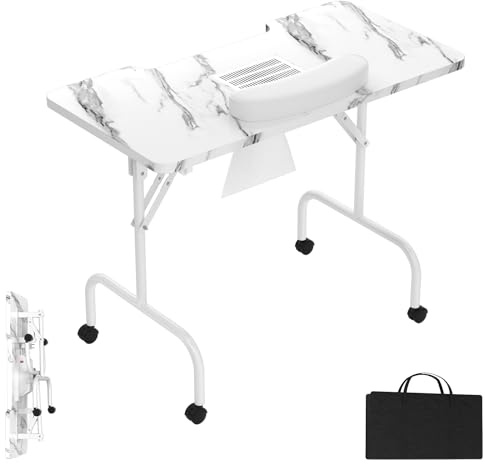 Froadp 94 x 48 x 72 cm, tavolo per manicure con aspirazione, pieghevole, tavolo da studio con ruote, cuscino a mano, cassetto e custodia, tavolo per manicure, salone di unghie, venature bianche