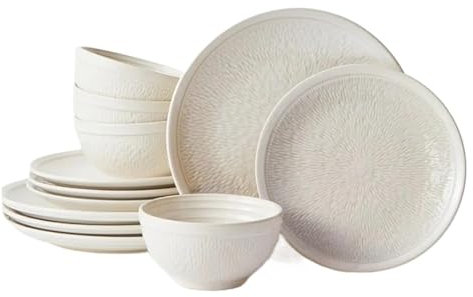 Service de Table Assiettes et Bols en Relief Beige Service de Table en grès 12 pièces Service pour 4 Personnes