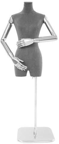 Schaufensterpuppe Wildleder | Weiblich Schneiderpuppe mit Abnehmbar Arme | Retro Kleiderpuppe Mannequin für Bekleidungsgeschäfte Schneidereien & Messestände | Einstellbare Gesamthöhe: 120-210cm | Grau