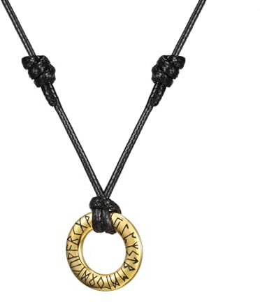 AFSTALR Wikinger Rune Kette Herren Lederkette, Leder Halskette mit Kreis Rune Anhänger Gold/Silber/Schwarz Talisman Anhänger, Nordische Wikinger Schmuck Geschenke für Männer Damen