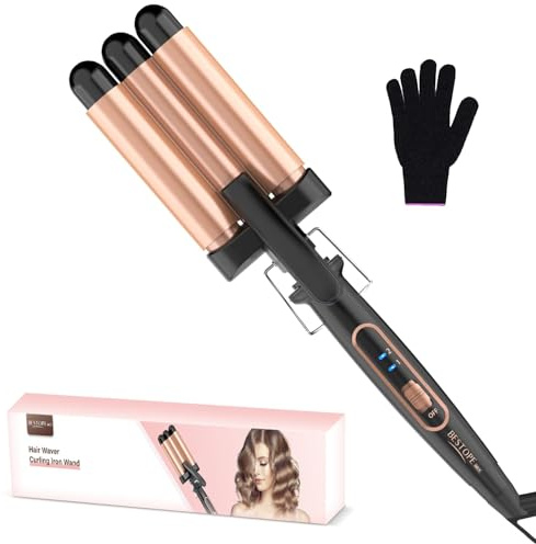 Welleneisen für Haare, Lockenstab 3 Fässer 22mm PTC Schnellheizung 2 Temperaturstufen Beach Waves Lockenstab mit Handschuh Mermaid Hair Waver für Alle Haare