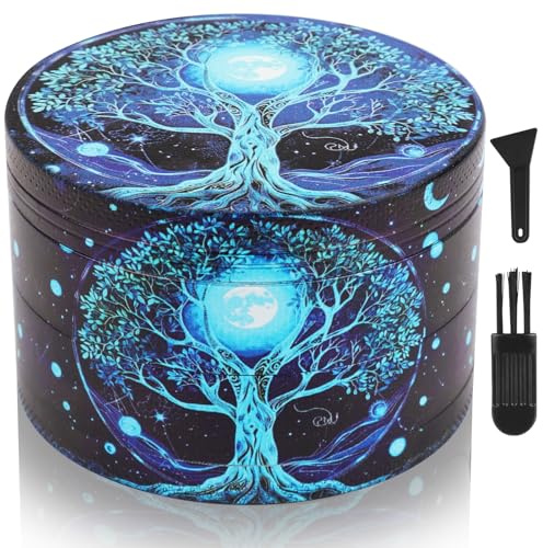 Grinder Herb Large, 63mm 4 Piece Grinder with 40 Sharp Shark Teeth, Cool Fantasy Metal Grinders for Kitchen Spice & Herbal Tea, Gift Set for Boyfriend & Girlfriend, Man & Women (Celestial Blue Tree)