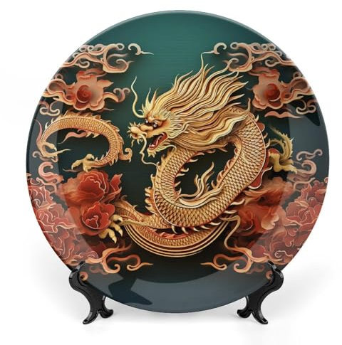 Grandes assiettes décoratives en porcelaine anglaise chinoise dragon de 17,8 cm pour présentation - Assiette désert en céramique avec présentoir - Assiette en porcelaine personnalisée pour cuisine