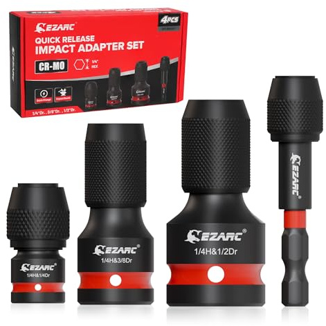 EZARC Lot de 4 adaptateurs de visseuse à percussion avec mandrin à changement rapide, 1/2 + 3/8 + 1/4 vers 1/4 en acier Cr-Mo hexagonal pour outils à percussion + barre de changement rapide de 60 mm