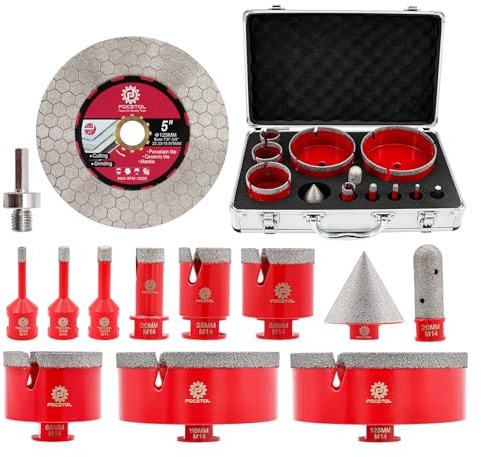 FOCSTOL Foret Diamant Carrelage Kit - Scie Cloche Carrelage pour Porcelaine Marbre Granit 13 pièces (6/8/10/20/35/50/68/110/125mm+20mm Fraise+50mm Mèches Chanfrein Biseautée+Adaptateur+125mm Disque)