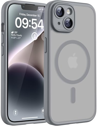 TOCOL Coque pour iPhone 14, Compatible avec MagSafe, Gris | Anneau Magnétique Intégré, Protection de l'objectif Améliorée, Résistant aux Rayures, Case Dos Mat Translucide Fine Antichoc
