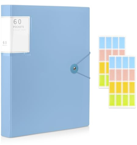 A4 Display Folder, 60 Pockets Display Book Folders, Presentation Folders with Plastic Sleeves & Safety Rope, Suitable for Documents, School, Office & Business Project Use (Blue)