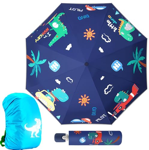 Regenschirm Kinder Reflektierend+Schulranzen Regenschutz Reflektierend,Taschenschirm reflective mit Reflexborte,35L Regenhülle Rucksack,Taschenschirm für Schulranzen,für Kinder Jungen Mädchen (Blau)