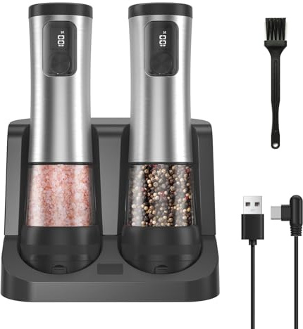 Electric Salt and Pepper Grinder Set 2 Pack Rechargeable Automatic | with Charging Base 5-Level Display LED Lighting Large Capacity Kitchen Gifts 2 Pack