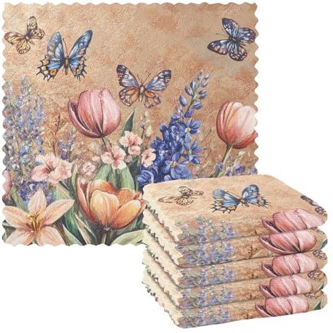 voucong Toallas de cocina de microfibra reutilizables y lavables, diseño de flores, jacintos, mariposas, abejas, color dorado, paquete de 6 unidades