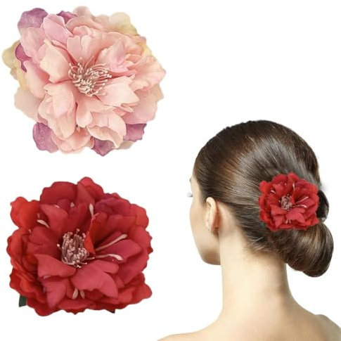 JEYORZY 2 Pcs Haarblumen Rose Brosche Kopfschmuck Blumen Haarschmuck Blume Haarspange Haar Barrette Flamenco-Haarnadel Ansteckblume Damen Zubehör Für Frauen Mädchen Party Hochzeit (Rot/Rosa)