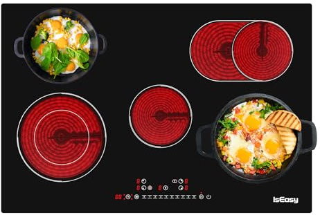 IsEasy Plaque Vitrocéramique 5 Feux Encastrable, Table de Cuisson Vitroéramique 5 Foyer, Plaque de cuisson Electrique 77cm, Minuteur, 9 Niveaux de Puissance, 8600W