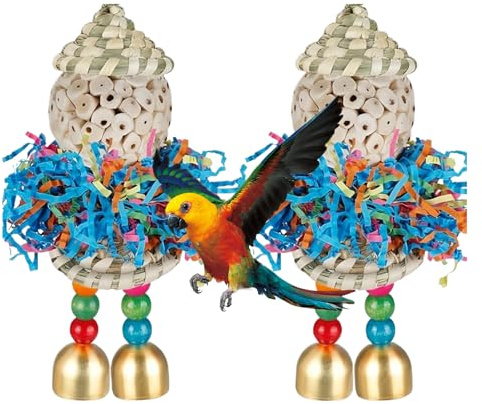 Paquete de 2 juguetes de búsqueda de loros, juguetes masticables colgantes para pájaros con sombreros de paja, bolas de pith y papel triturado, accesorios de jaula para cacatúa, guacamayo y agapornis
