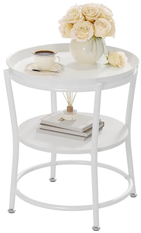 YITAHOME Table d'appoint Ronde avec Deux Niveaux de Rangement et Plateau Amovible, Table d'appoint pour Salon, Chambre à Coucher ou Appartement, Table Basse Robuste, Pieds réglables, Blanc