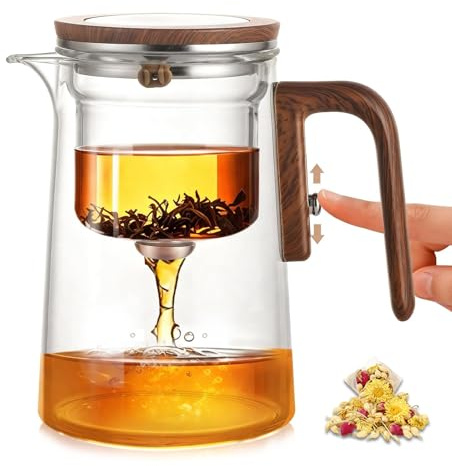 Magische Teekanne Glas mit Magnet-Siebeinsatz – Wassertrennung Teekanne 800ml aus Borosilikatglas & Holzgriff, Zauber-Teekanne für losen Tee & Aufgüsse | Elegantes Tee-Set