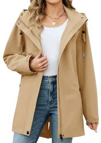 CMTOP Veste Femme mi Saison Softshell Imperméable, Coupe-Vent Parka à Capuche Amovible, Décontracté Longue Blouson Légère Manteau avec Poches pour Printemps et Automne