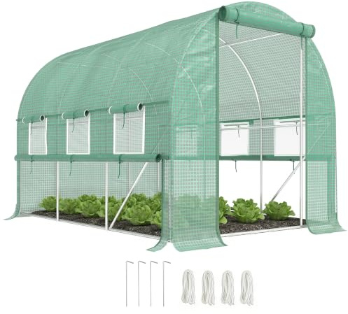 Outsunny Serra da Giardino a Tunnel 3x2x2 m Porta Avvolgibile Verde | 6 Finestre a Rete, Serra per Orto, Struttura in Acciaio, Copertura PE, per Verdure Fiori Frutta, Anti UV