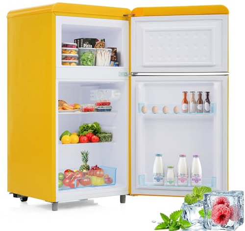 Frigorifero retrò a doppia porta con congelatore in giallo, volume totale 72 l (congelatore da 21 l), classe di efficienza energetica E e funzionamento extra silenzioso da 39 dB, inodore, ideale per