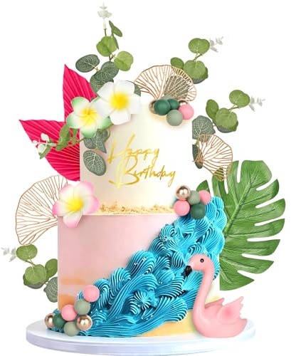 34 Stück Flamingo Figur Tortendeko DIY Runde Kugel Kuchen Deko Hibiskus Blüten Palmblätter Cake Toppers für Sommer Hawaiian Beach Tropical Luau Thema Geburtstag Party Kuchen Dekorationen