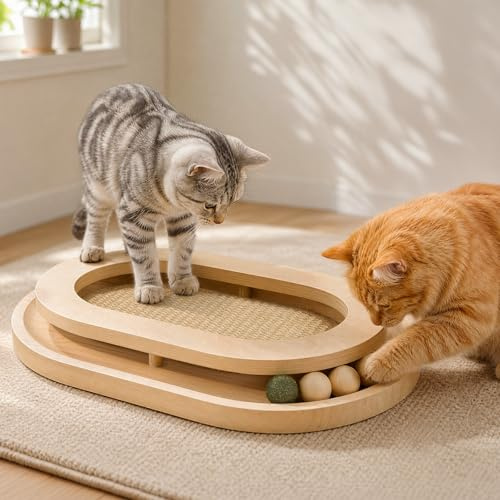 Tiragraffi per Gatti，Tappetino Tiragraffi in Sisal con Pista per Palline | Senza Assemblaggio,Tiragraffi in Sisal Naturale con Pista, 3 Palline in Legno e 1 all'Erba Gatta, per Giocare e Riposare