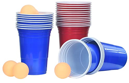 Ordellia ölpong set 0,5 l plast, 6 bollar, 100 muggar i rött och blått, melaminbelagd yta, drickspel för fest, födelsedag, festival, studentfest, inomhus och utomhus
