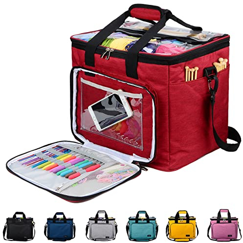 Aufbewahrungstasche für Wolle, Stricktasche Zur Garn aufbewahrung für Stricken, Häkeln, Stränge des Garns, Stricknadeln (bis zu 14 ”) (Rot)